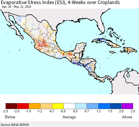 Mexico Central America and the Caribbean Evaporative Stress Index (ESI), 4-Weeks over Croplands Thematic Map For 5/15/2023 - 5/21/2023