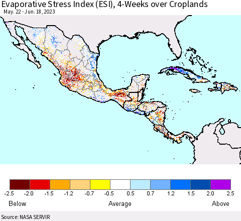 Mexico Central America and the Caribbean Evaporative Stress Index (ESI), 4-Weeks over Croplands Thematic Map For 6/12/2023 - 6/18/2023