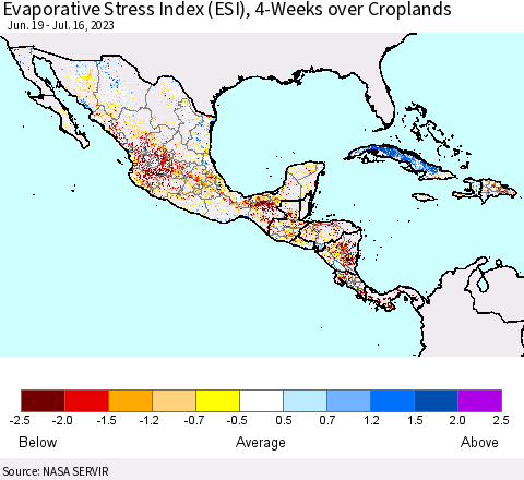 Mexico Central America and the Caribbean Evaporative Stress Index (ESI), 4-Weeks over Croplands Thematic Map For 7/10/2023 - 7/16/2023