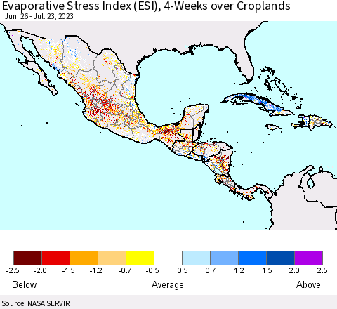 Mexico Central America and the Caribbean Evaporative Stress Index (ESI), 4-Weeks over Croplands Thematic Map For 7/17/2023 - 7/23/2023