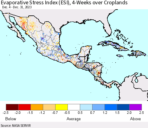 Mexico Central America and the Caribbean Evaporative Stress Index (ESI), 4-Weeks over Croplands Thematic Map For 1/1/2024 - 1/7/2024