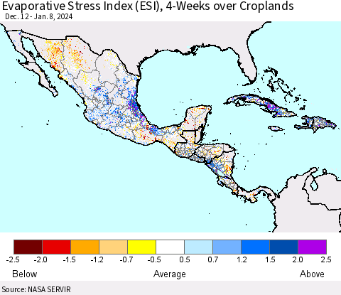 Mexico Central America and the Caribbean Evaporative Stress Index (ESI), 4-Weeks over Croplands Thematic Map For 1/8/2024 - 1/14/2024