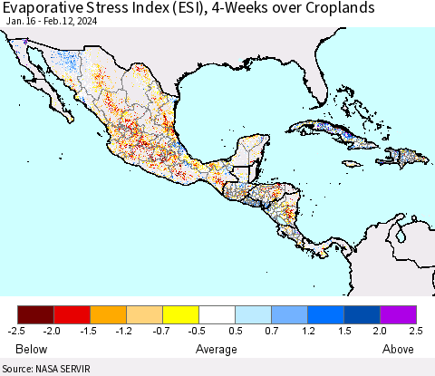 Mexico Central America and the Caribbean Evaporative Stress Index (ESI), 4-Weeks over Croplands Thematic Map For 2/12/2024 - 2/18/2024