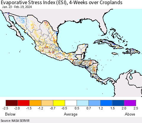Mexico Central America and the Caribbean Evaporative Stress Index (ESI), 4-Weeks over Croplands Thematic Map For 2/19/2024 - 2/25/2024