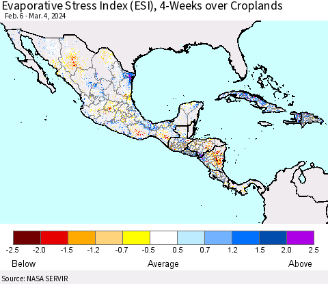 Mexico Central America and the Caribbean Evaporative Stress Index (ESI), 4-Weeks over Croplands Thematic Map For 3/4/2024 - 3/10/2024