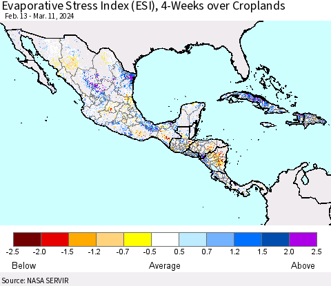 Mexico Central America and the Caribbean Evaporative Stress Index (ESI), 4-Weeks over Croplands Thematic Map For 3/11/2024 - 3/17/2024