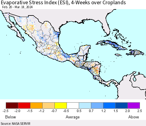 Mexico Central America and the Caribbean Evaporative Stress Index (ESI), 4-Weeks over Croplands Thematic Map For 3/18/2024 - 3/24/2024