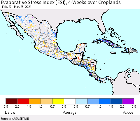 Mexico Central America and the Caribbean Evaporative Stress Index (ESI), 4-Weeks over Croplands Thematic Map For 3/25/2024 - 3/31/2024