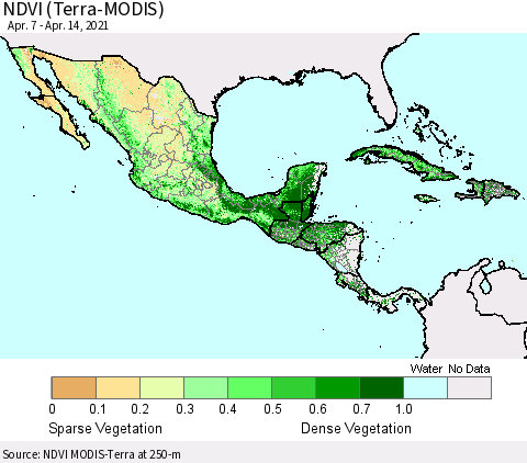 Mexico Central America and the Caribbean NDVI (Terra-MODIS) Thematic Map For 4/7/2021 - 4/14/2021