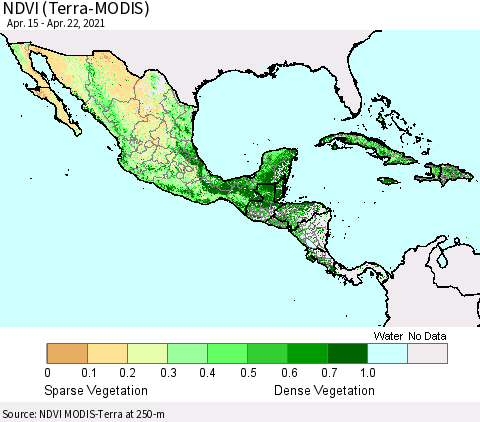 Mexico Central America and the Caribbean NDVI (Terra-MODIS) Thematic Map For 4/15/2021 - 4/22/2021