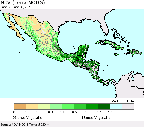 Mexico Central America and the Caribbean NDVI (Terra-MODIS) Thematic Map For 4/23/2021 - 4/30/2021
