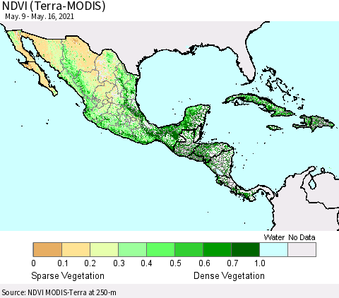 Mexico Central America and the Caribbean NDVI (Terra-MODIS) Thematic Map For 5/9/2021 - 5/16/2021