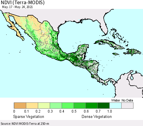 Mexico Central America and the Caribbean NDVI (Terra-MODIS) Thematic Map For 5/17/2021 - 5/24/2021