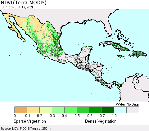 Mexico Central America and the Caribbean NDVI (Terra-MODIS) Thematic Map For 6/10/2021 - 6/17/2021