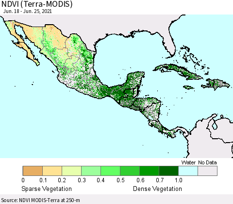 Mexico Central America and the Caribbean NDVI (Terra-MODIS) Thematic Map For 6/18/2021 - 6/25/2021