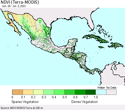 Mexico Central America and the Caribbean NDVI (Terra-MODIS) Thematic Map For 6/26/2021 - 7/3/2021