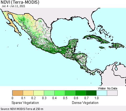 Mexico Central America and the Caribbean NDVI (Terra-MODIS) Thematic Map For 7/4/2021 - 7/11/2021