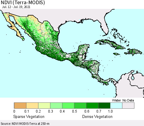Mexico Central America and the Caribbean NDVI (Terra-MODIS) Thematic Map For 7/12/2021 - 7/19/2021