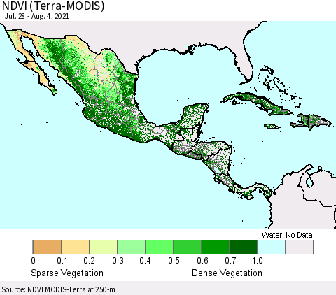 Mexico Central America and the Caribbean NDVI (Terra-MODIS) Thematic Map For 7/28/2021 - 8/4/2021