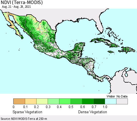 Mexico Central America and the Caribbean NDVI (Terra-MODIS) Thematic Map For 8/21/2021 - 8/28/2021
