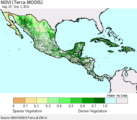Mexico Central America and the Caribbean NDVI (Terra-MODIS) Thematic Map For 8/29/2021 - 9/5/2021
