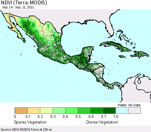 Mexico Central America and the Caribbean NDVI (Terra-MODIS) Thematic Map For 9/14/2021 - 9/21/2021