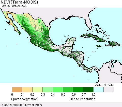 Mexico Central America and the Caribbean NDVI (Terra-MODIS) Thematic Map For 10/16/2021 - 10/23/2021