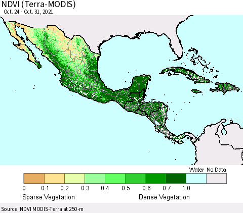 Mexico Central America and the Caribbean NDVI (Terra-MODIS) Thematic Map For 10/24/2021 - 10/31/2021