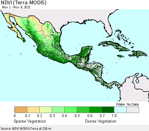 Mexico Central America and the Caribbean NDVI (Terra-MODIS) Thematic Map For 11/1/2021 - 11/8/2021