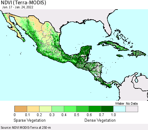 Mexico Central America and the Caribbean NDVI (Terra-MODIS) Thematic Map For 1/17/2022 - 1/24/2022