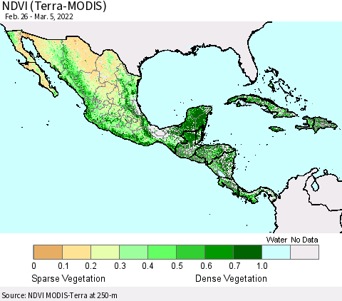 Mexico Central America and the Caribbean NDVI (Terra-MODIS) Thematic Map For 2/26/2022 - 3/5/2022