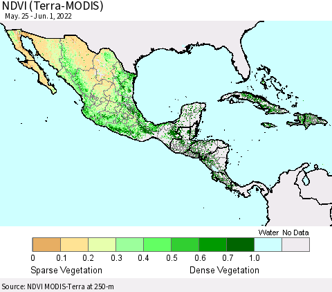Mexico Central America and the Caribbean NDVI (Terra-MODIS) Thematic Map For 5/25/2022 - 6/1/2022