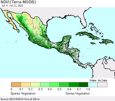 Mexico Central America and the Caribbean NDVI (Terra-MODIS) Thematic Map For 7/4/2022 - 7/11/2022