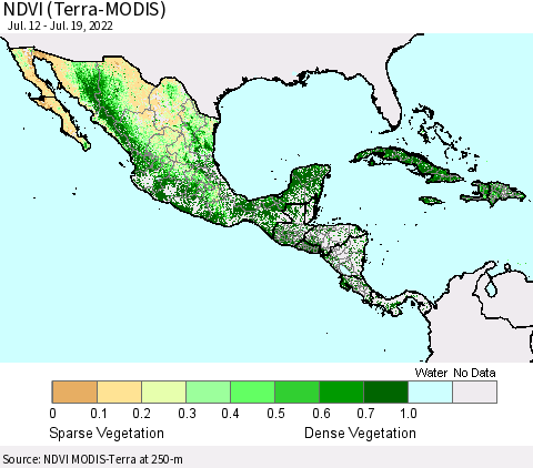 Mexico Central America and the Caribbean NDVI (Terra-MODIS) Thematic Map For 7/12/2022 - 7/19/2022