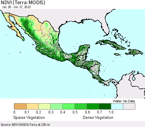 Mexico Central America and the Caribbean NDVI (Terra-MODIS) Thematic Map For 7/20/2022 - 7/27/2022