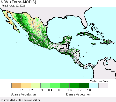 Mexico Central America and the Caribbean NDVI (Terra-MODIS) Thematic Map For 8/5/2022 - 8/12/2022
