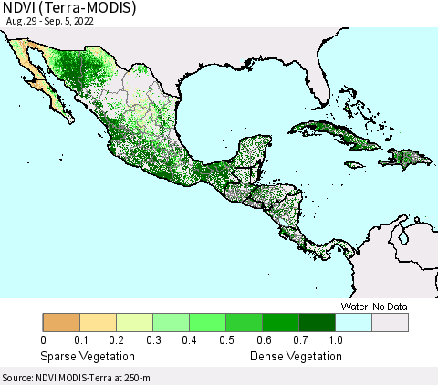 Mexico Central America and the Caribbean NDVI (Terra-MODIS) Thematic Map For 8/29/2022 - 9/5/2022