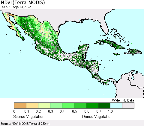 Mexico Central America and the Caribbean NDVI (Terra-MODIS) Thematic Map For 9/6/2022 - 9/13/2022