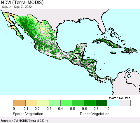 Mexico Central America and the Caribbean NDVI (Terra-MODIS) Thematic Map For 9/14/2022 - 9/21/2022