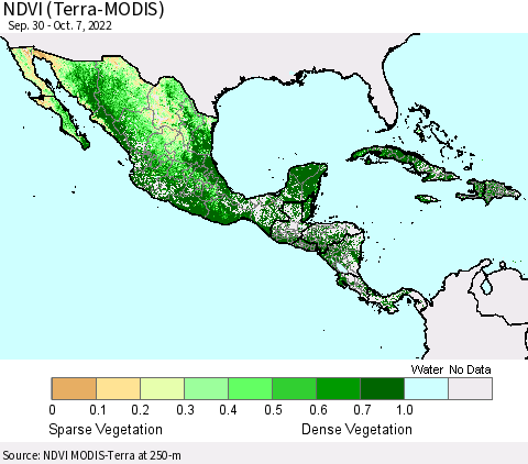 Mexico Central America and the Caribbean NDVI (Terra-MODIS) Thematic Map For 9/30/2022 - 10/7/2022
