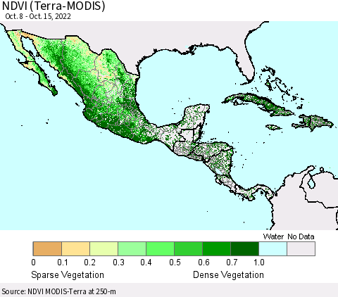 Mexico Central America and the Caribbean NDVI (Terra-MODIS) Thematic Map For 10/8/2022 - 10/15/2022