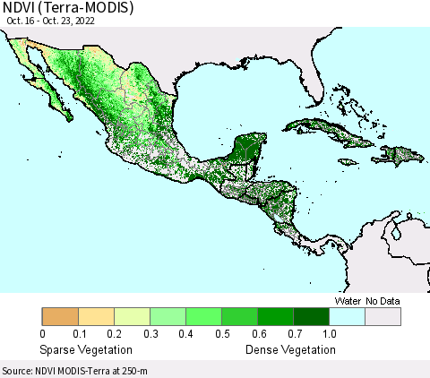 Mexico Central America and the Caribbean NDVI (Terra-MODIS) Thematic Map For 10/16/2022 - 10/23/2022