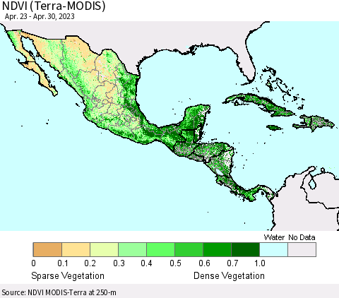 Mexico Central America and the Caribbean NDVI (Terra-MODIS) Thematic Map For 4/23/2023 - 4/30/2023