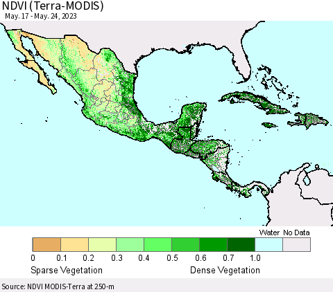 Mexico Central America and the Caribbean NDVI (Terra-MODIS) Thematic Map For 5/17/2023 - 5/24/2023