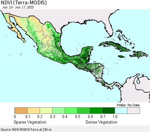 Mexico Central America and the Caribbean NDVI (Terra-MODIS) Thematic Map For 6/10/2023 - 6/17/2023
