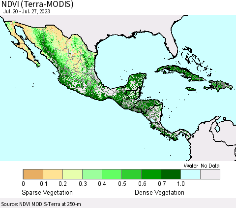 Mexico Central America and the Caribbean NDVI (Terra-MODIS) Thematic Map For 7/20/2023 - 7/27/2023