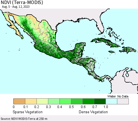Mexico Central America and the Caribbean NDVI (Terra-MODIS) Thematic Map For 8/5/2023 - 8/12/2023