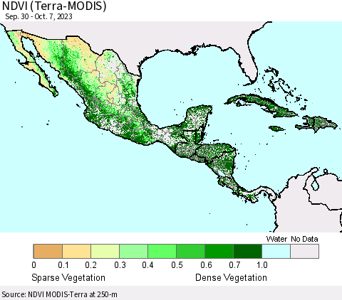 Mexico Central America and the Caribbean NDVI (Terra-MODIS) Thematic Map For 9/30/2023 - 10/7/2023