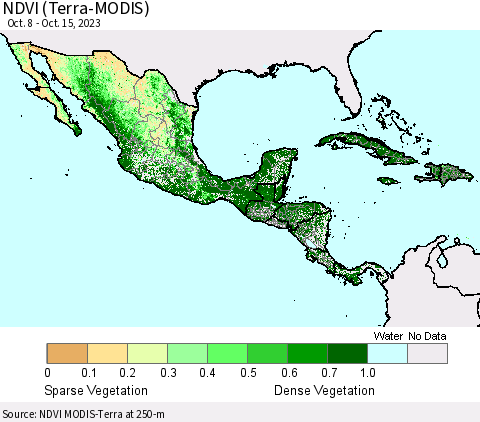 Mexico Central America and the Caribbean NDVI (Terra-MODIS) Thematic Map For 10/8/2023 - 10/15/2023