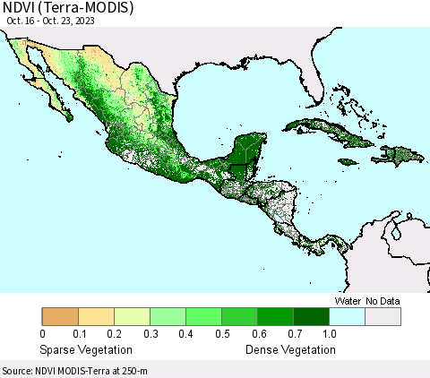 Mexico Central America and the Caribbean NDVI (Terra-MODIS) Thematic Map For 10/16/2023 - 10/23/2023
